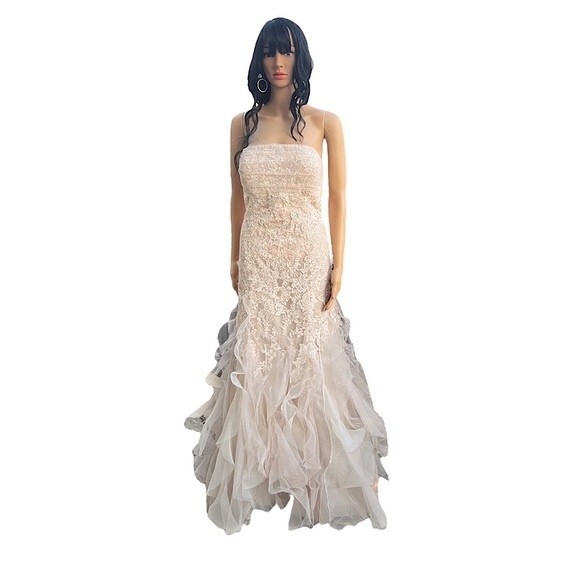 Saison Blanche Nude Cream Organza Mermaid Fit & Flair Wedding Dress Size 10